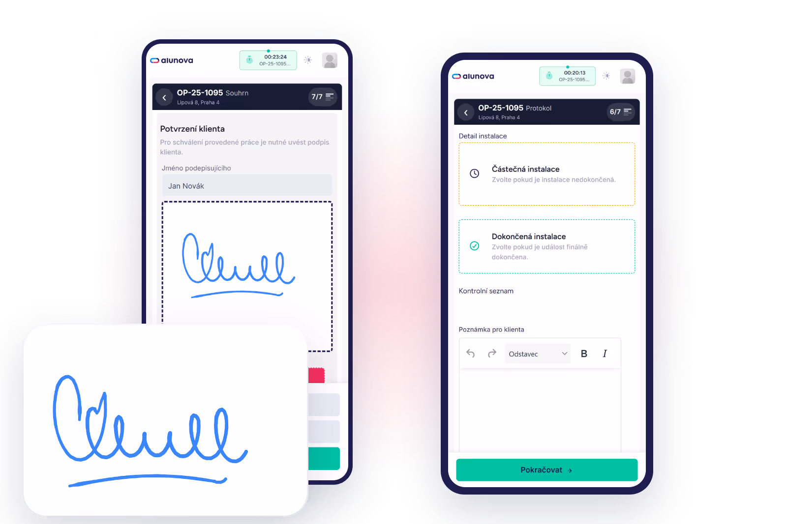 Customer signature on the screen in the technician app and the Protocol step with installation details