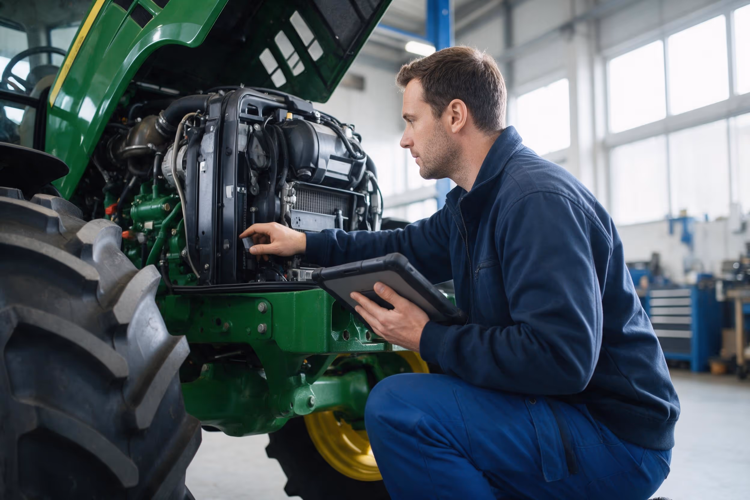 A technician checks the engine of an agricultural tractor in a service workshop, tablet in hand